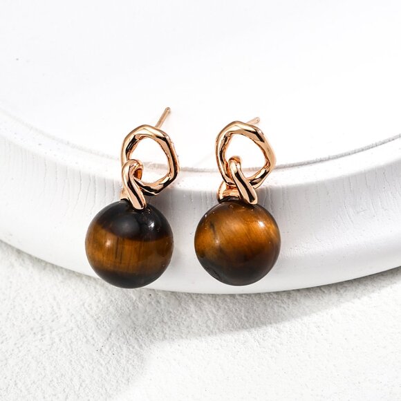 Minimalist Gold & Tiger's Eye Drop Earrings - Picture 5 of 10